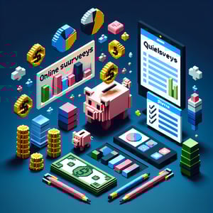 3D voxel art depicting online financial planning survey process on a dark blue background.