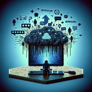 3D voxel art depicting online depression and social media assessment surveys on a dark blue background.