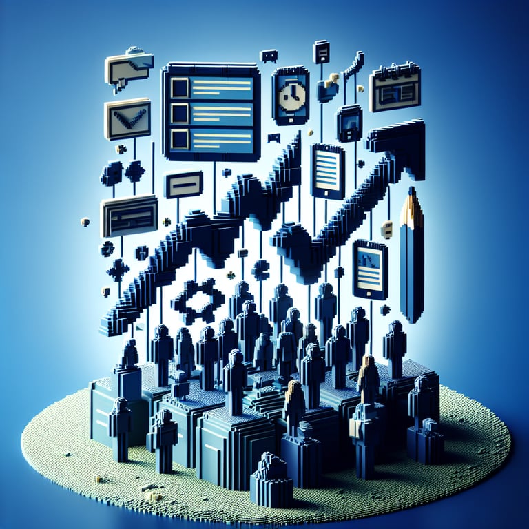 3D voxel art depicting online student survey concept on a dark blue background.