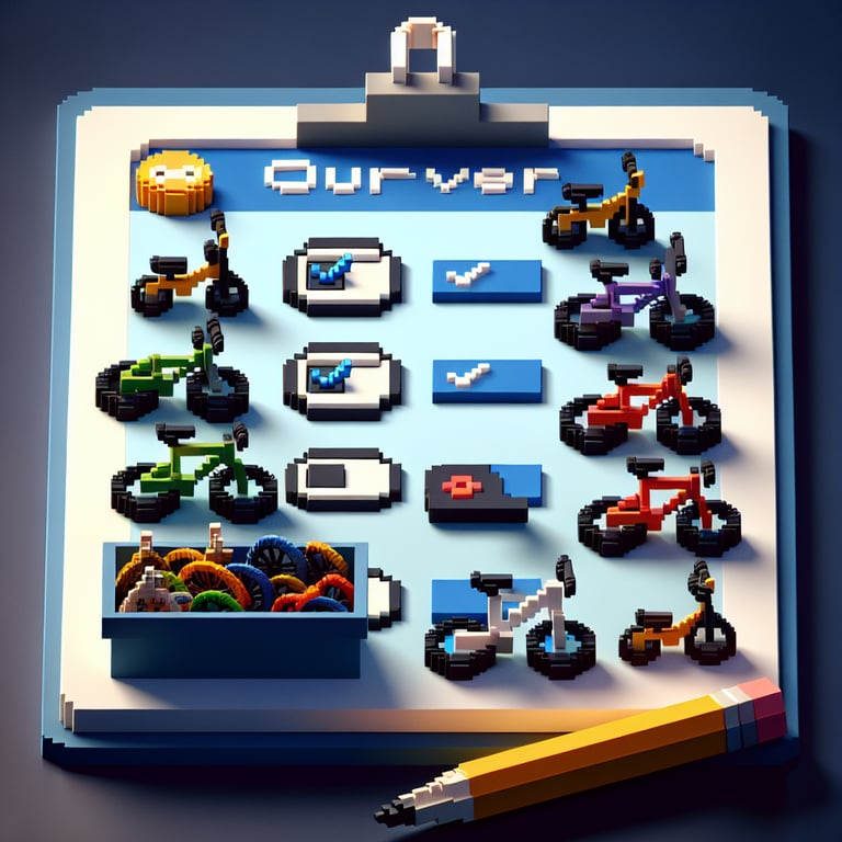 3D voxel art depicting online bicycle survey concept on a dark blue background.
