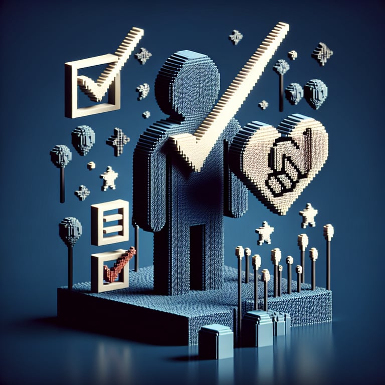 3D voxel art depicting the concept of online brand loyalty surveys on a dark blue background.