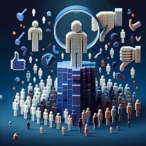 3D voxel art depicting online national population health survey concept on a dark blue background.