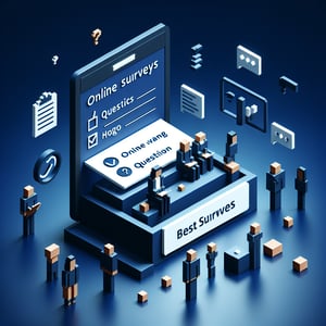 3D voxel art depicting online surveys, symbolizing best sales survey questions on a dark blue background.