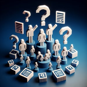 3D voxel art depicting online family size surveys, featuring engaging elements on a dark blue background.