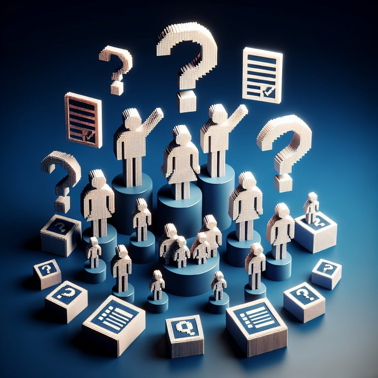 Artistic 3D voxel rendering of family survey interface with survey icons