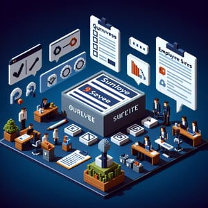 3D voxel art depicting the concept of online employee survey questions on a dark blue background.