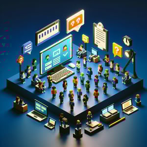 3D voxel art depicting online surveys, suitable for a landing page on student grades 13 surveys, on a dark blue background.