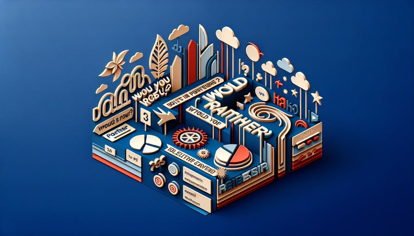 Paper-cut style illustration depicting various Would You Rather questions in a workplace setting.
