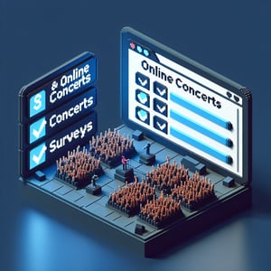 3D voxel art depicting an online concert survey on a dark blue background.