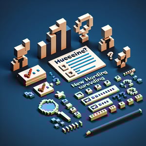 3D voxel art depicting online surveys, symbolizing new hire onboarding survey questions.