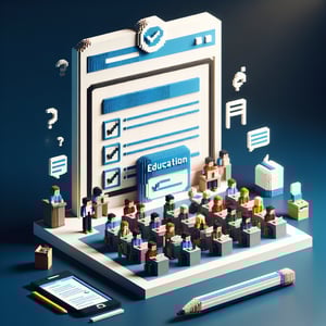 3D voxel art depicting online education level survey process on a dark blue background.