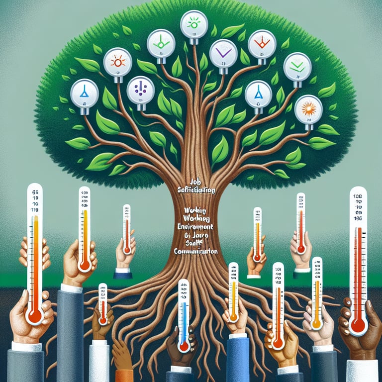 Illustration depicting key Staff Climate survey questions for a thriving organization.