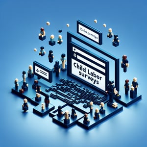 3D voxel art representing online child labor surveys on a dark blue background.