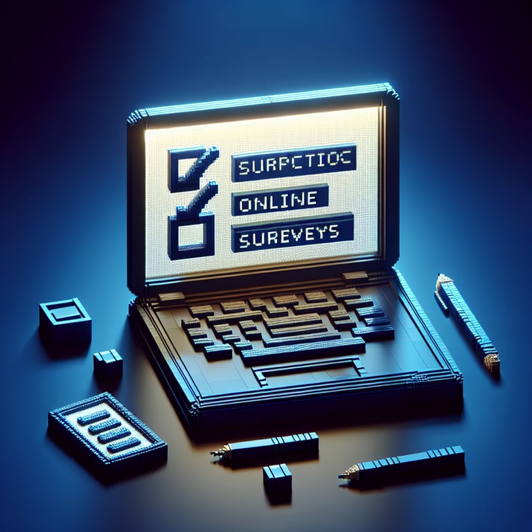 3D voxel art depicting online laptop performance survey process on a dark blue background.