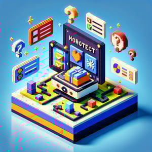 3D voxel art depicting online magnet hospital surveys on a dark blue background.