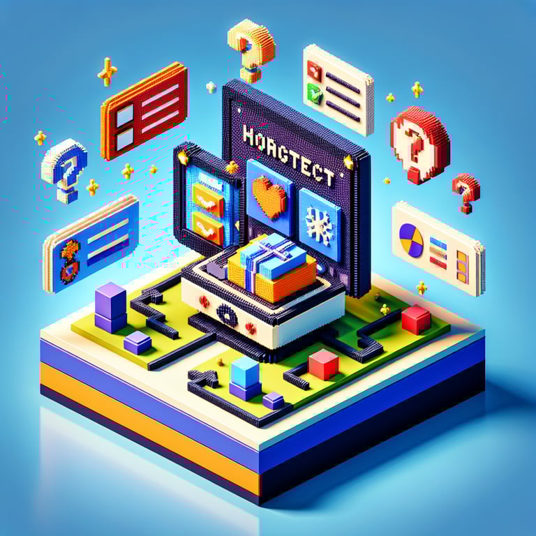 3D voxel art depicting online magnet hospital surveys on a dark blue background.
