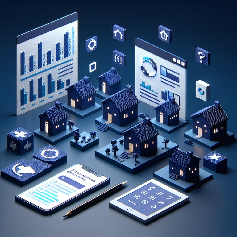3D voxel art depicting data-driven affordable housing survey insights
