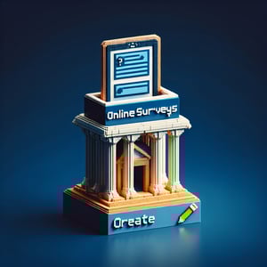 3D voxel art depicting online retreat survey questions on a dark blue background.