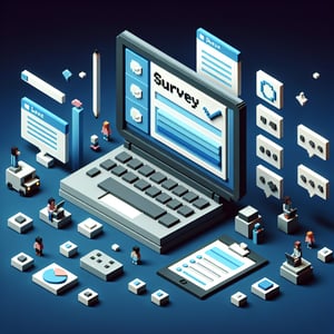 3D voxel art depicting the concept of online surveys for new product examples on a dark blue background.