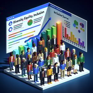 3D voxel art depicting online diversity, equity, and inclusion surveys on a dark blue background.