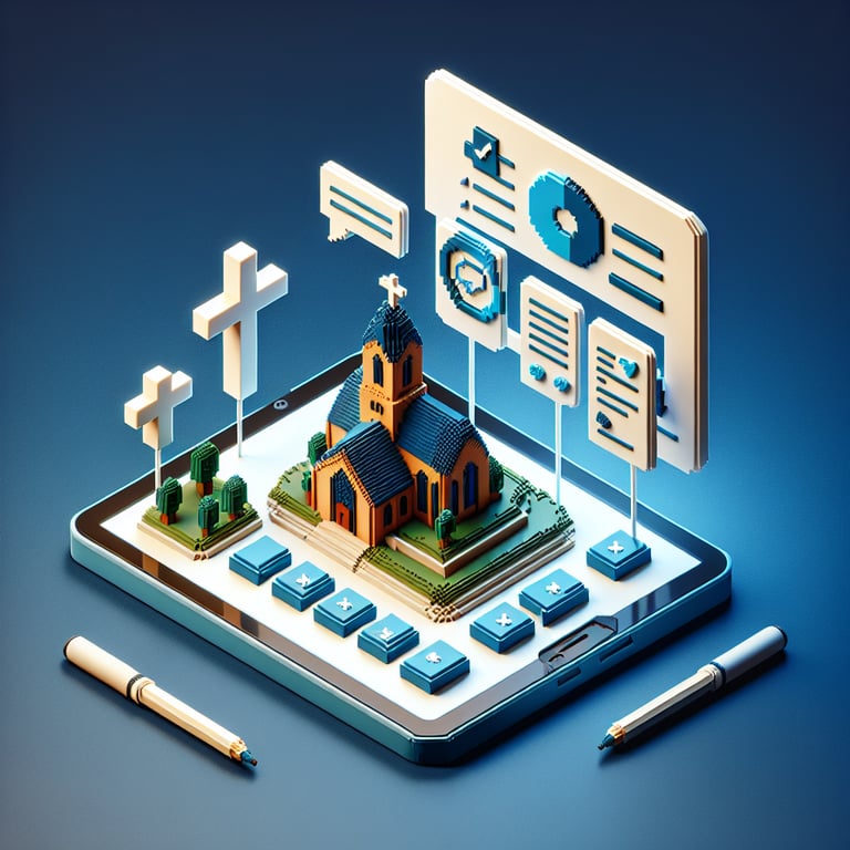 3D voxel art depicting the concept of online church evaluation surveys on a dark blue background.