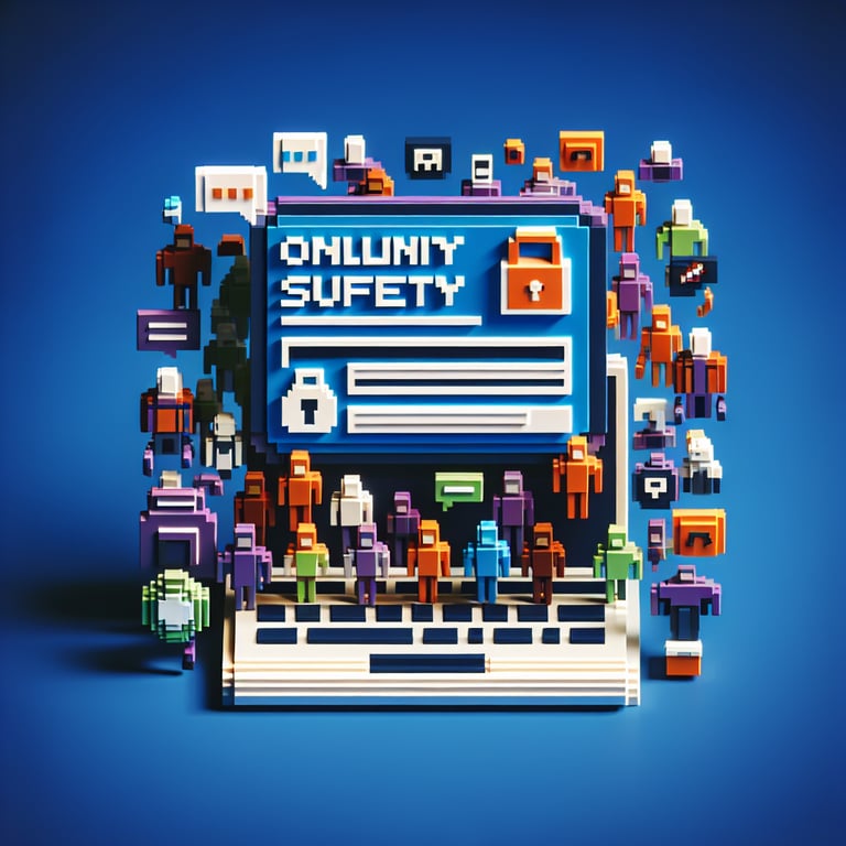 3D voxel art depicting online surveys on community safety against theft, set against a dark blue background.