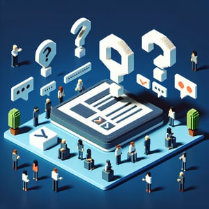 3D voxel art depicting online personal question surveys on a dark blue background.