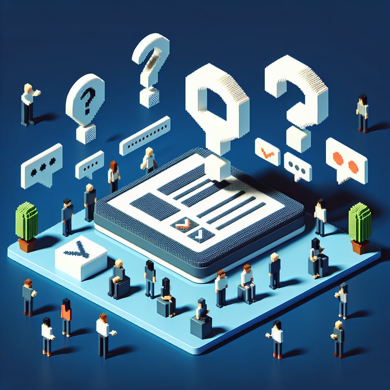 3D voxel art depicting online personal question surveys on a dark blue background.