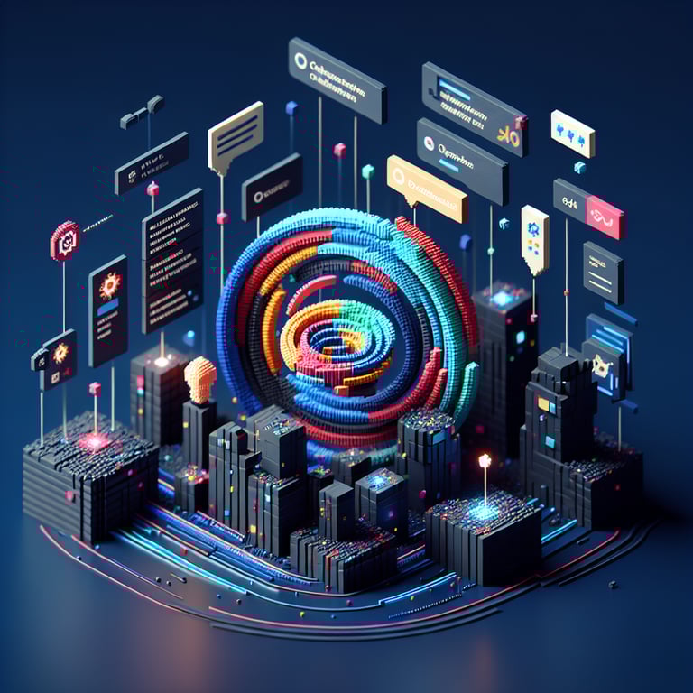 3D voxel art depicting online survey process for employees installing new systems, on a dark blue background.