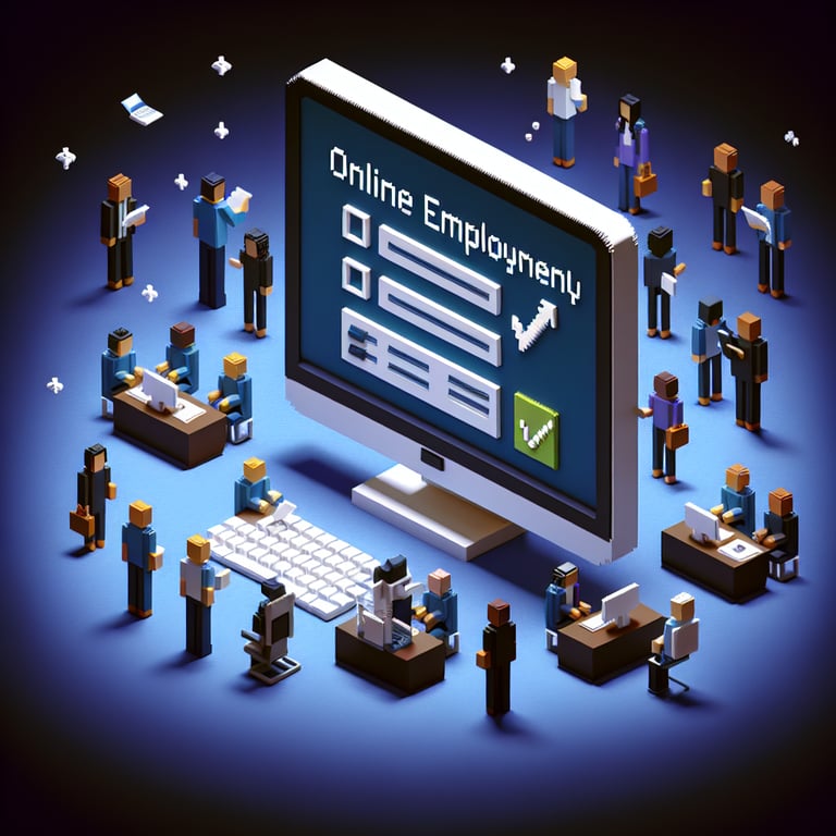 3D voxel art depicting the concept of online employment surveys on a dark blue background.