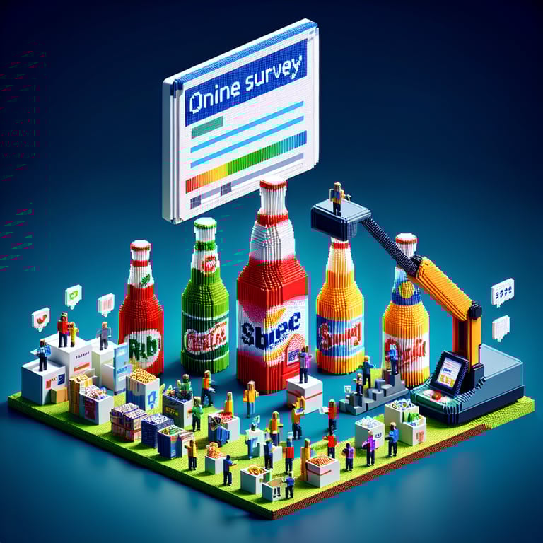 3D voxel art depicting online drink survey concept on a dark blue background.