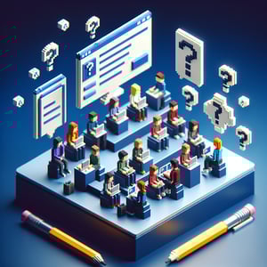 3D voxel art depicting online survey concept, targeted towards high school students, on a dark blue background.