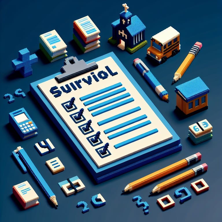3D voxel art depicting online surveys, symbolizing Christian school survey questions on a dark blue background.