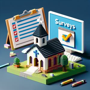 3D voxel art depicting an online survey concept on a dark blue background, related to Christian schools.