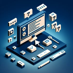 3D voxel art depicting online operations surveys with a dark blue background.