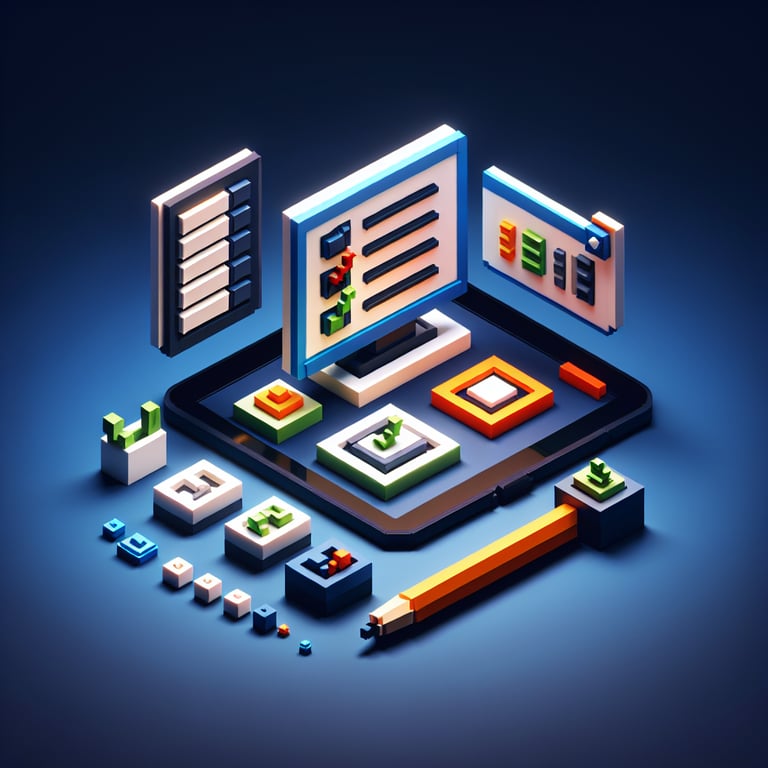 3D voxel scene featuring interactive survey blocks and system feedback elements