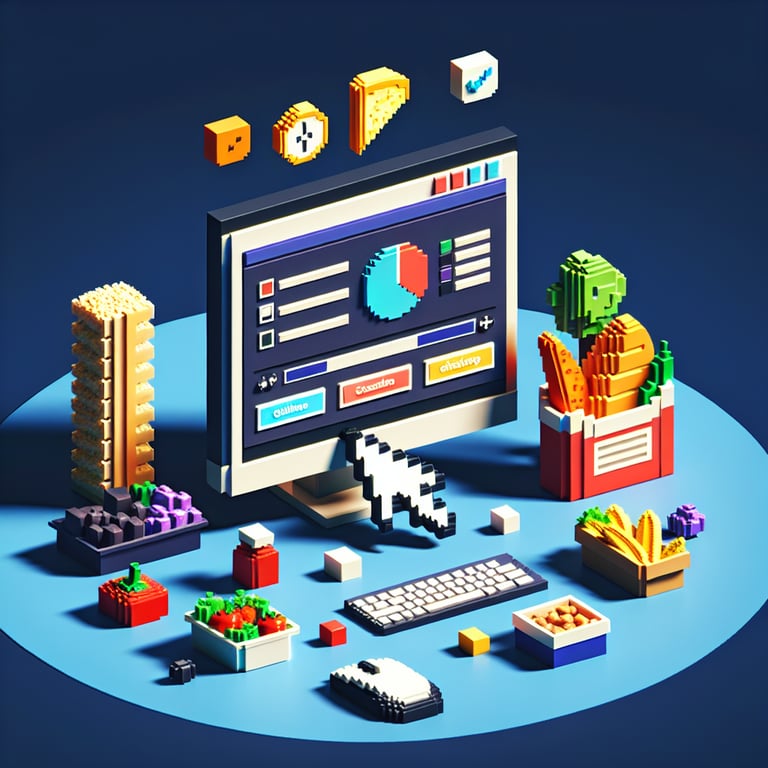 3D voxel art depicting online food-related survey concept on a dark blue background.