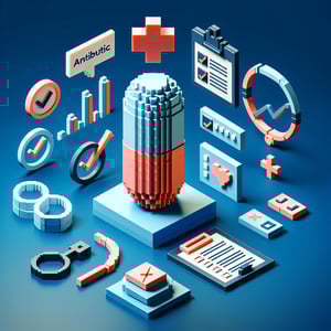 3D voxel art depicting online antibiotic survey concept, set against a dark blue background.