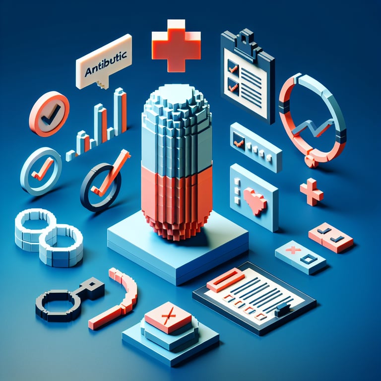 3D voxel art depicting online antibiotic survey concept, set against a dark blue background.