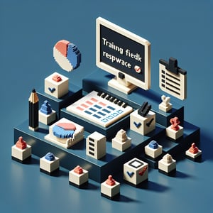 3D voxel art depicting online surveys concept on a dark blue background, ideal for training feedback survey.