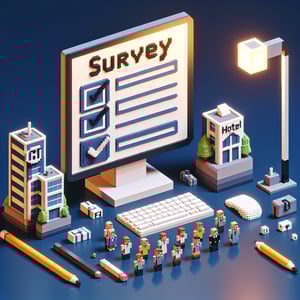 3D voxel art depicting online hotel guest satisfaction survey process on a dark blue background.