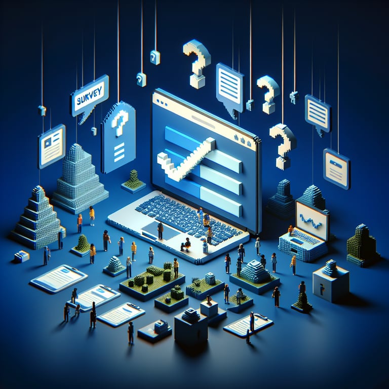 3D voxel art depicting online surveys, symbolizing best questions for a SaaS satisfaction survey.