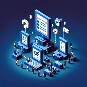 3D voxel art depicting online surveys, ideal for student-focused survey landing page, on a dark blue background.