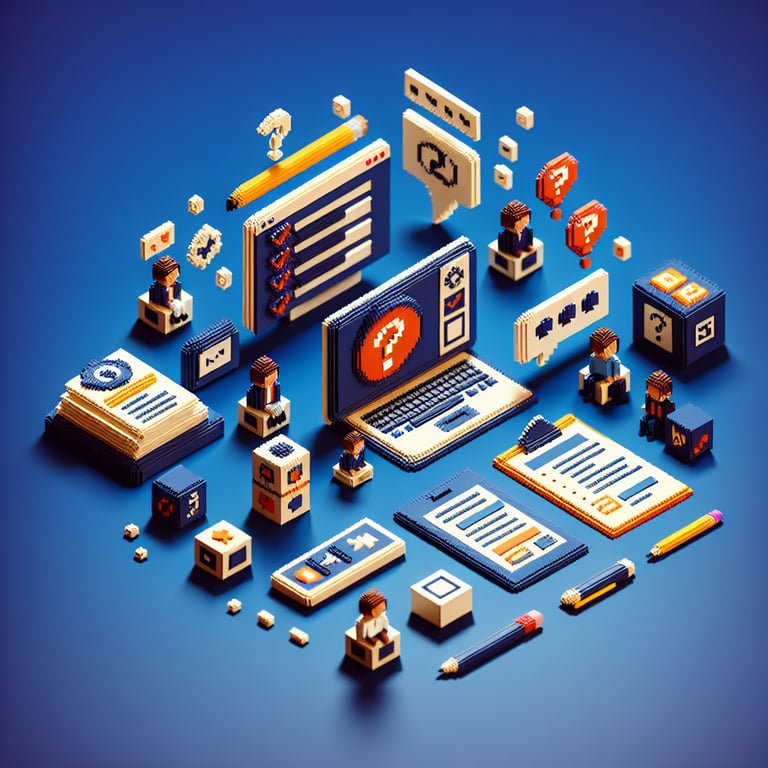 3D voxel art depicting online surveys, appealing to college students on a dark blue background.