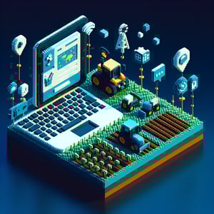 3D voxel art depicting online soil survey and soil conservation psc questions survey concept on a dark blue background.
