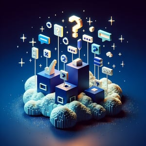 3D voxel art depicting online research surveys, with a dark blue background.
