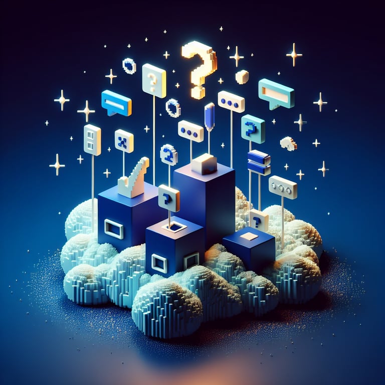 3D voxel art depicting online research surveys, with a dark blue background.