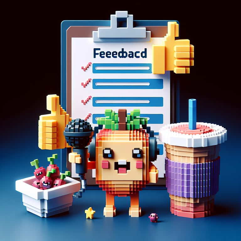 Voxel art depicting customer satisfaction metrics in vibrant smoothie hues