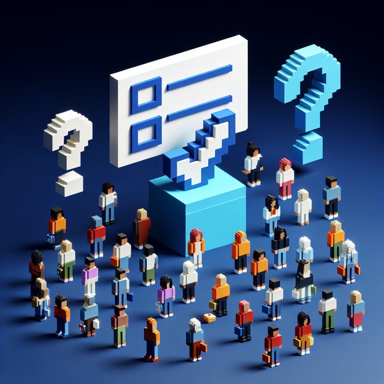 3D voxel art representation of online surveys and questions on a dark blue background.