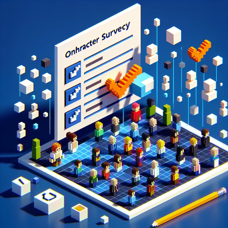 3D voxel art depicting character survey process on a dark blue background.